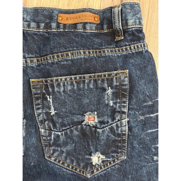 Y2K Evolution In Design Distressed Denim Shorts 38 Patches Frayed Hip Hop Skater - Picture 7 of 10